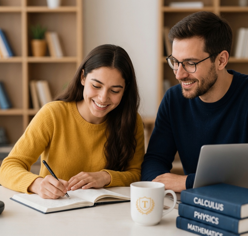 Tutor helping student with homework in a warm, professional setting